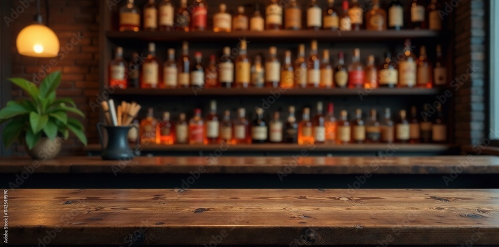 A wooden bar table with multiple shelves of liquor bottles in the background and a warm glow from a nearby lamp, liquor shelves, dark wood tones, rustic furniture A wooden bar table with multiple shelves of liquor bottles in the background and a warm glow from a nearby lamp, liquor shelves, dark wood tones, rustic furniture