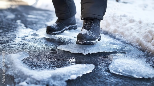 A pedestrian slipping on a black ice patch on a city sidewalk, highlighting the importance of winter safety precautions during freezing weather