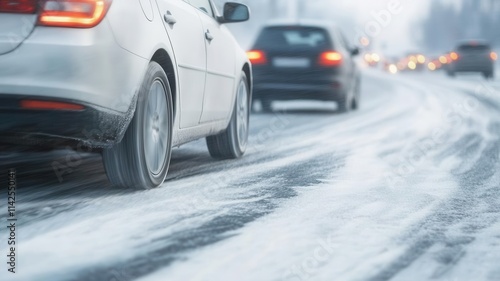 A car tire in motion losing grip on an icy road surface, with visible risk factors like freezing conditions, black ice, and a blurred traffic background