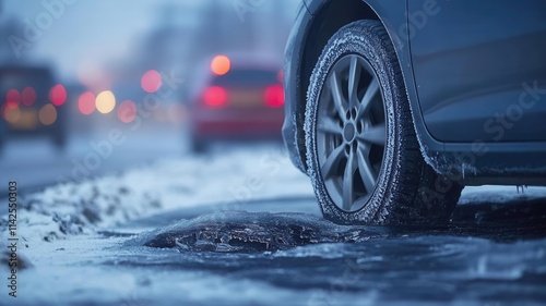 A car s tire struggling to gain traction on a freezing black ice patch, with a blurry traffic background highlighting winter road risks photo