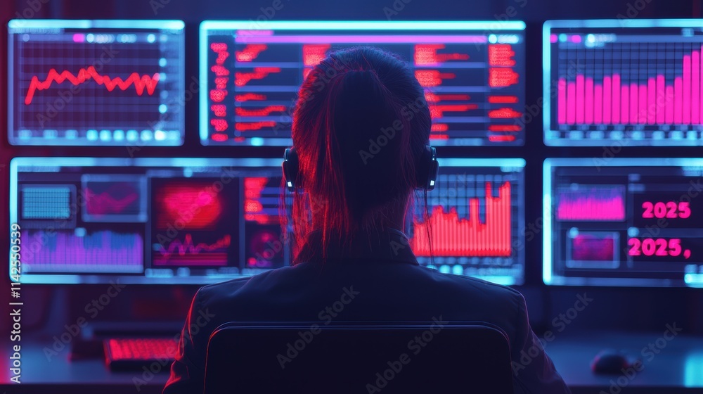 Market analyst working with futuristic charts in a glowing office Market analyst working with futuristic charts in a glowing office