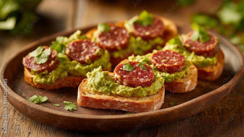 Delicious slices of bread topped with guacamole and smoked sausage prepared in a rustic kitchen Delicious slices of bread topped with guacamole and smoked sausage prepared in a rustic kitchen
