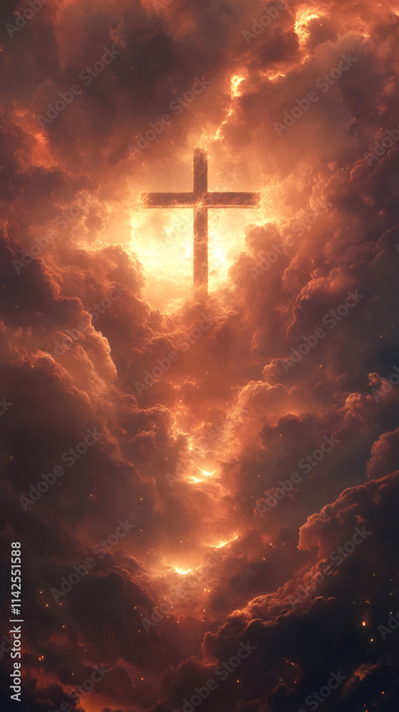 Fototapeta premium Glowing wooden cross in a dramatic, fiery cloudscape, representing hope and resurrection at easter