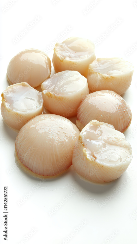 Fresh scallops in clusters, showcasing their creamy white texture and natural sheen, perfect for culinary delights Fresh scallops in clusters, showcasing their creamy white texture and natural sheen, perfect for culinary delights