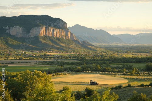 Scenic Rural Landscape with Tractor at Dusk Surrounded by Majestic Mountains and Expansive Fields Bathed in Warm Soft Light