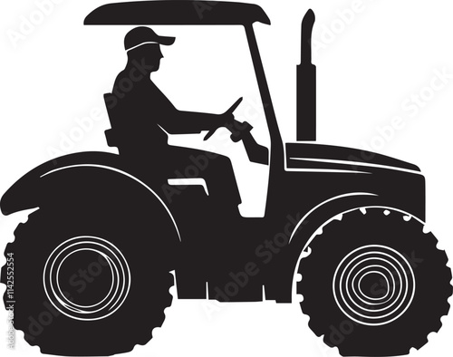 Silhouette of farmer driving tractor black and white