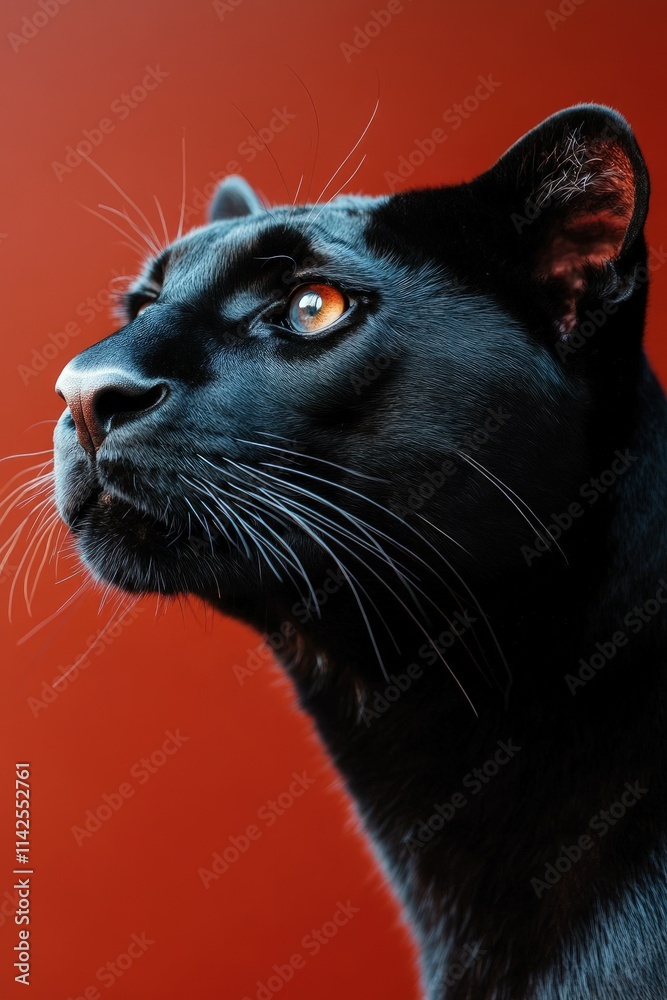 Close-up portrait of a black panther against a red background, showcasing its intense gaze and majestic features. Close-up portrait of a black panther against a red background, showcasing its intense gaze and majestic features.