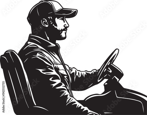 Silhouette of farmer driving tractor black and white