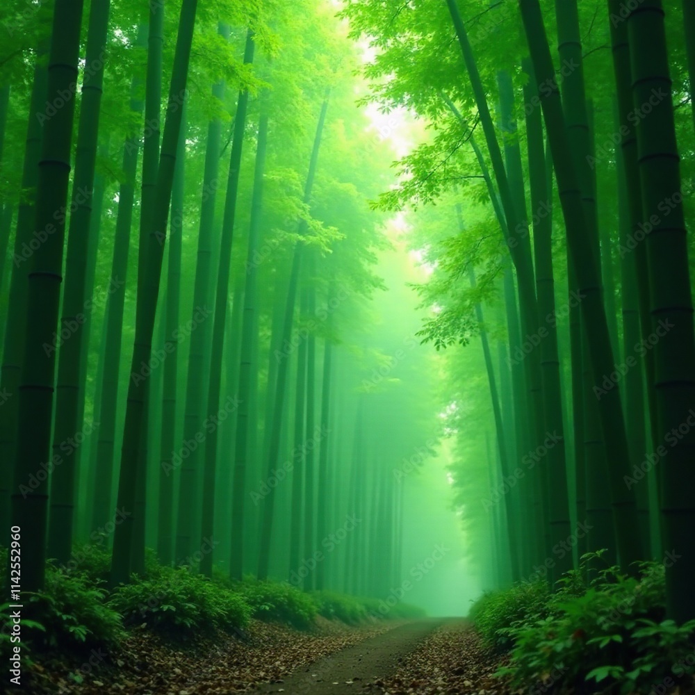 Naklejka premium Bamboo forest in Pista green color scheme, misty morning atmosphere with soft fog, trees, bamboo