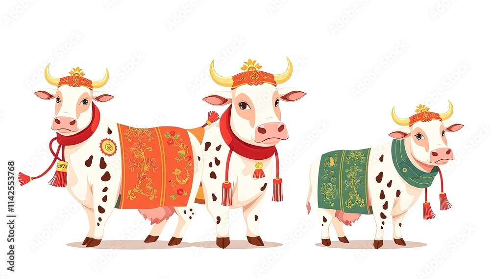 Naklejka premium Cow Celebrates Chinese New Year - New Year Card with Cow - Chinese Cow On The Wall - Cow in Cheongsam 