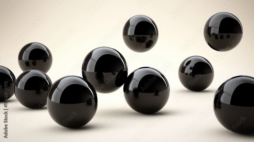 Glossy Black Spheres on Light Background with Reflection and Shadows Glossy Black Spheres on Light Background with Reflection and Shadows