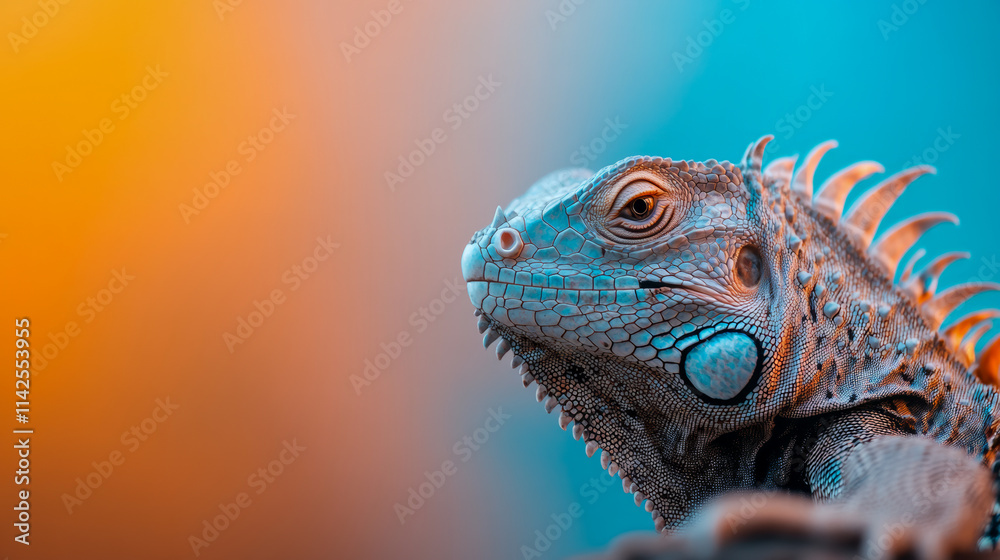 Fototapeta premium A detailed photo of an iguana showcasing its textured skin in vibrant blue and orange, illustrating the beauty and complexity of wildlife through bold colors.