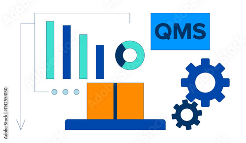 Quality management system with data visualization 2D illustration concept. QMS, graphs, charts, gears and package cartoon composition isolated on white. Metaphor abstract flat vector graphic