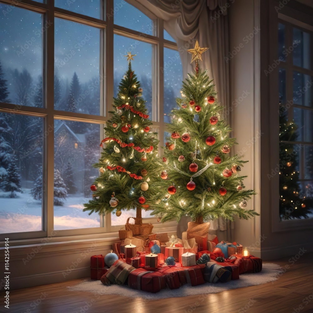 A beautifully decorated Christmas tree with ornaments and lights in front of a frosty windowpane background , festive decor, ornaments A beautifully decorated Christmas tree with ornaments and lights in front of a frosty windowpane background , festive decor, ornaments