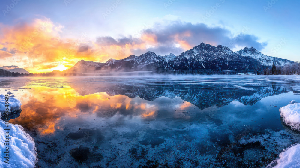Naklejka premium Breathtaking sunrise over lake eibsee nature photography winter landscape tranquil environment scenic viewpoint
