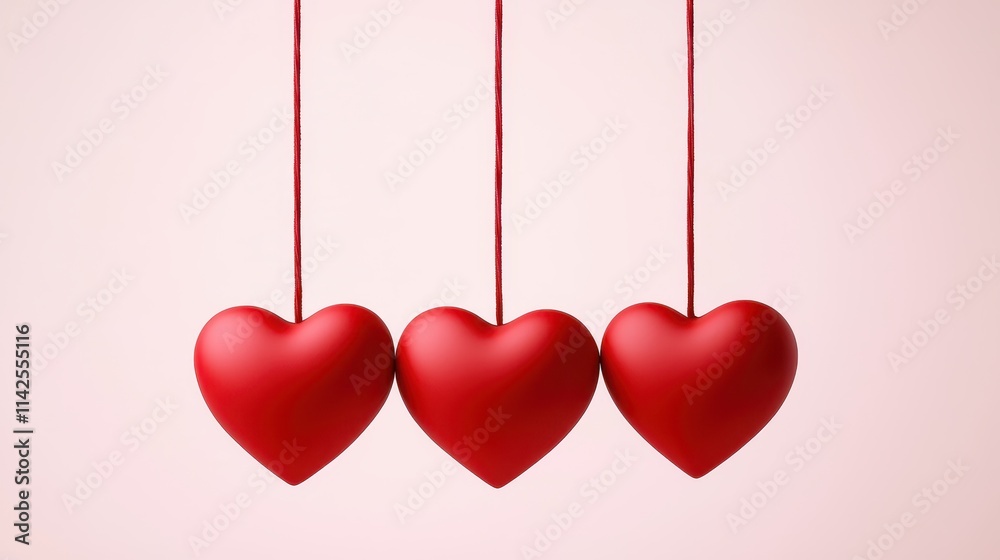 Red Heart Decorations Hanging on Strings Against Soft Background Red Heart Decorations Hanging on Strings Against Soft Background