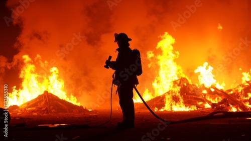 Brave Firefighter at Rescue Mission, Holding an Axe and Ready to Tackle Blaze, Firefighting Heroism and Emergency Response