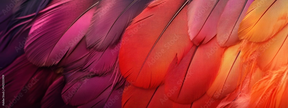 Obraz premium A close-up of vibrant feathers showcasing a gradient of colors from purple to orange.