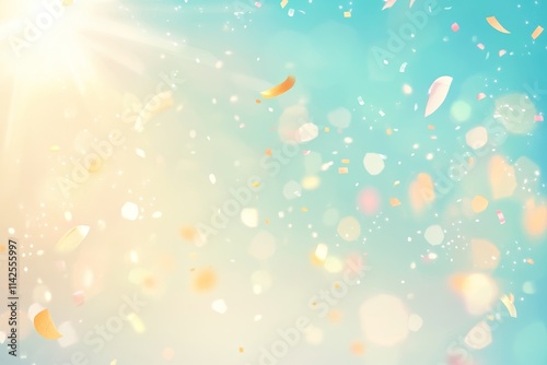 Soft and Colorful Background with Floating Petals, Sparkling Lights, and Sunlight on a Gentle Blue Gradient, Perfect for Celebrations and Events