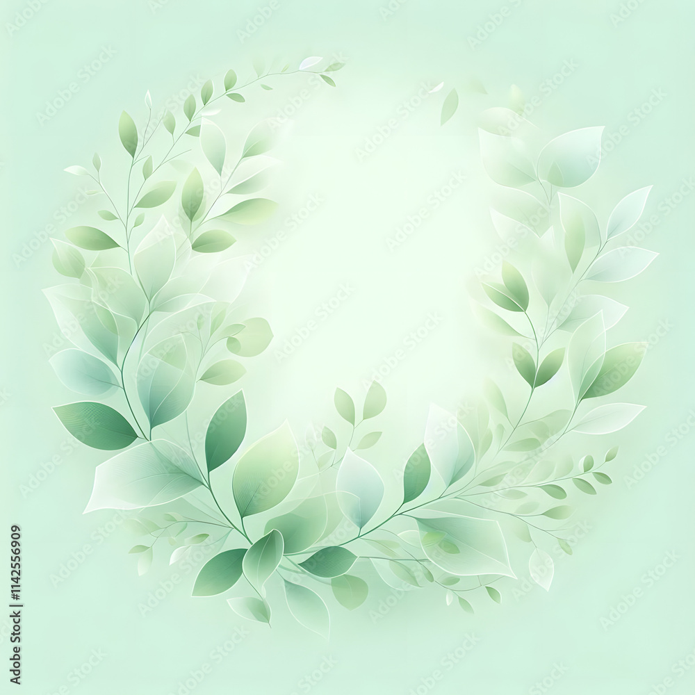 Spring banner, greeting card. Soft, refreshing design with a pastel green background. Adorn the edges with delicate, semi-transparent green leaves, creating an airy and natural frame Spring banner, greeting card. Soft, refreshing design with a pastel green background. Adorn the edges with delicate, semi-transparent green leaves, creating an airy and natural frame