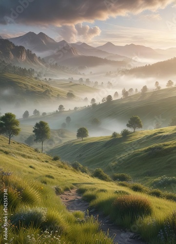 A soft blanket of fog gently wraps around the contours of a serene landscape, veiling the rolling hills and lush meadow in an otherworldly aura , otherworldly, landscape, fog photo