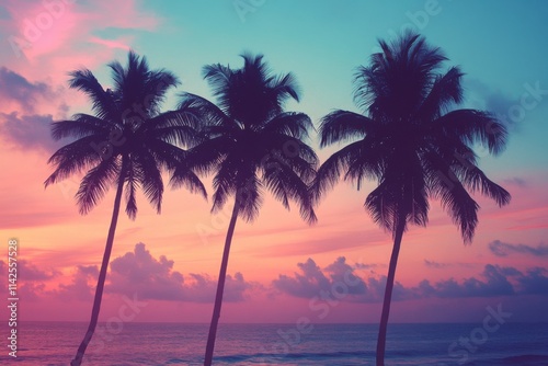 Palm tree shadows on a tropical beach at sunset - modern vintage colors