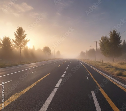 Asphalt highway at dawn with early morning sunlight and fog, fog, dawn, morning