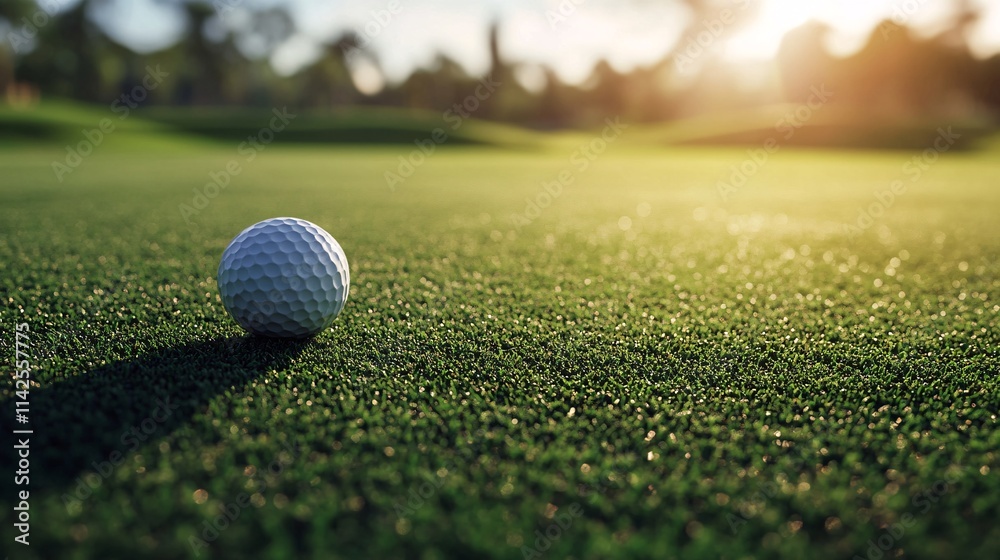 Golf ball resting on lush green grass at sunset on golf course Golf ball resting on lush green grass at sunset on golf course