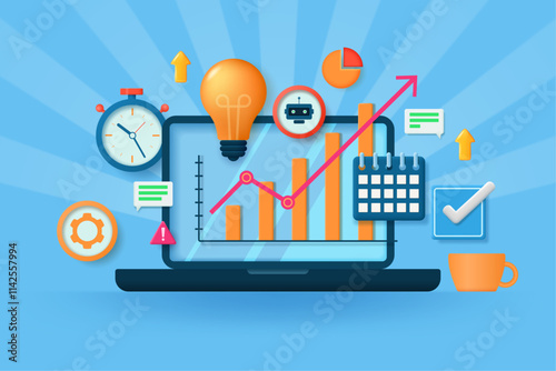 Professional scheme of financial analytics, business processes and consultations, ideas, the process of implementing the plan. Business symbols on the background of a laptop. Vector illustration.