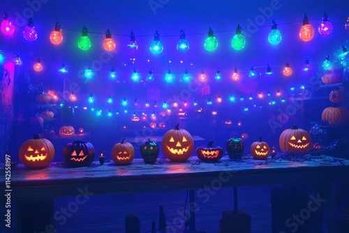 Spooky and Colorful Halloween Scene with Glowing Jack-o'-Lanterns and Festive Lights in a Dark Atmosphere, Perfect for Halloween Celebrations and Autumn Festivities photo