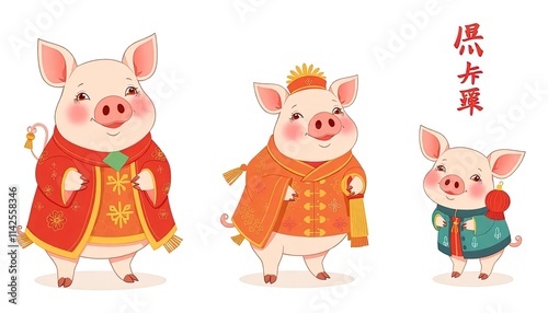 Pig Celebrates Chinese New Year - New Year Card with Pig - Chinese Pig On The Wall - Pig in Cheongsam 