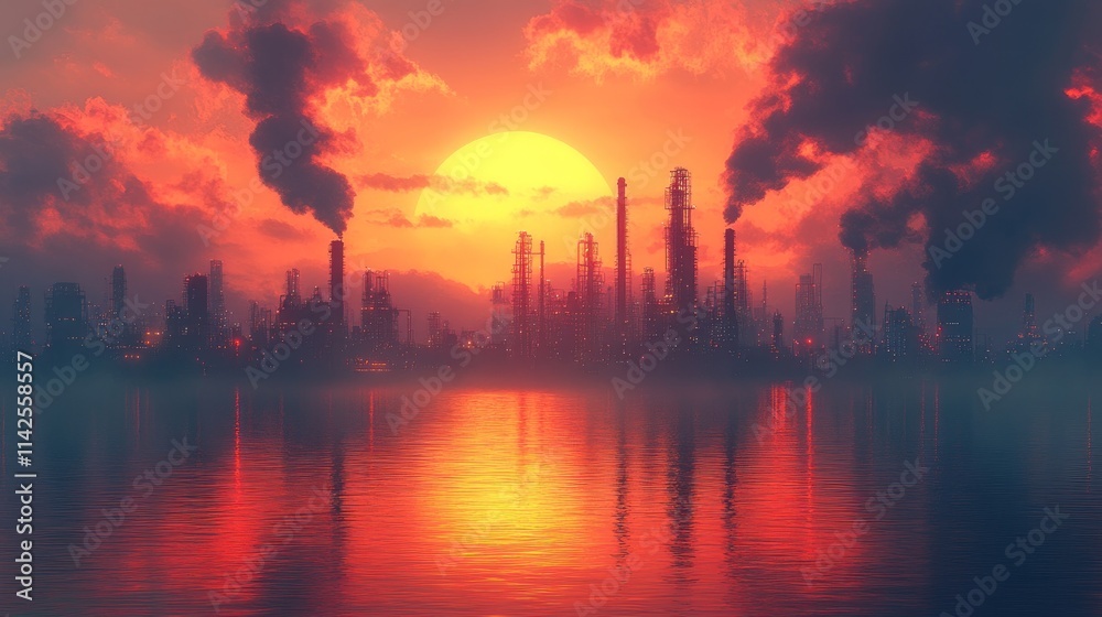 Industrial skyline at sunset with reflections. Industrial skyline at sunset with reflections.
