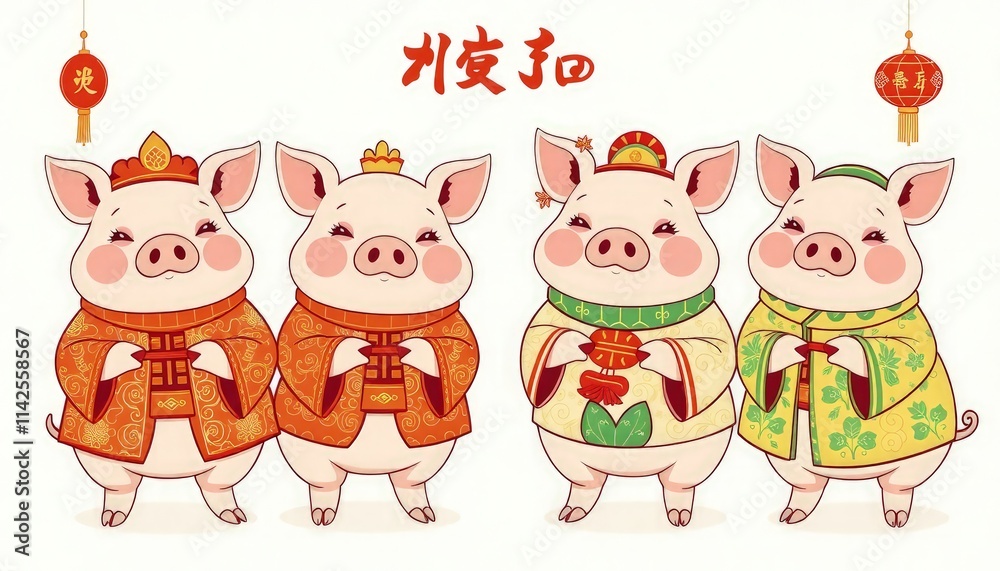 Obraz premium Pig Celebrates Chinese New Year - New Year Card with Pig - Chinese Pig On The Wall - Pig in Cheongsam 