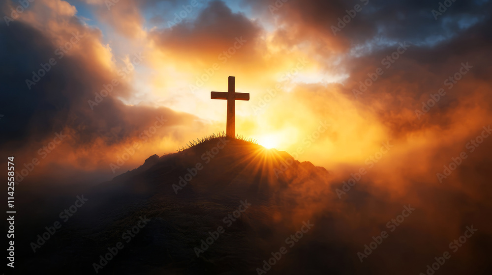 Dramatic Sunrise Over Cross Silhouette Amidst Clouds and Warm Glowing Light