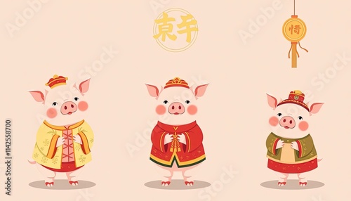 Pig Celebrates Chinese New Year - New Year Card with Pig - Chinese Pig On The Wall - Pig in Cheongsam 