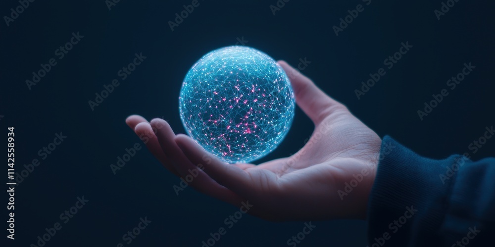 Futuristic Hand Holding Glowing Sphere with Network Connections Futuristic Hand Holding Glowing Sphere with Network Connections