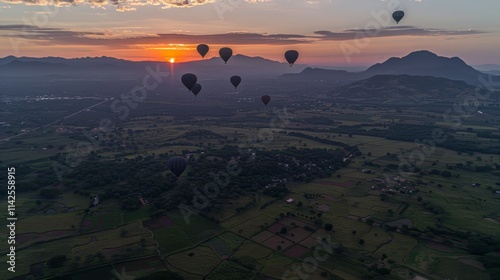 Colorful hot air balloons floating at sunset above verdant fields in a generative art scene