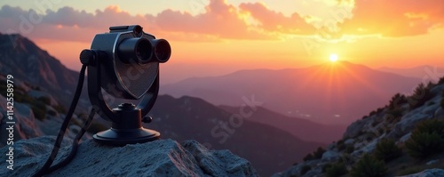 Binoculars positioned on top of a rocky outcropping at sunset with a panoramic view, pure, rocky terrain photo