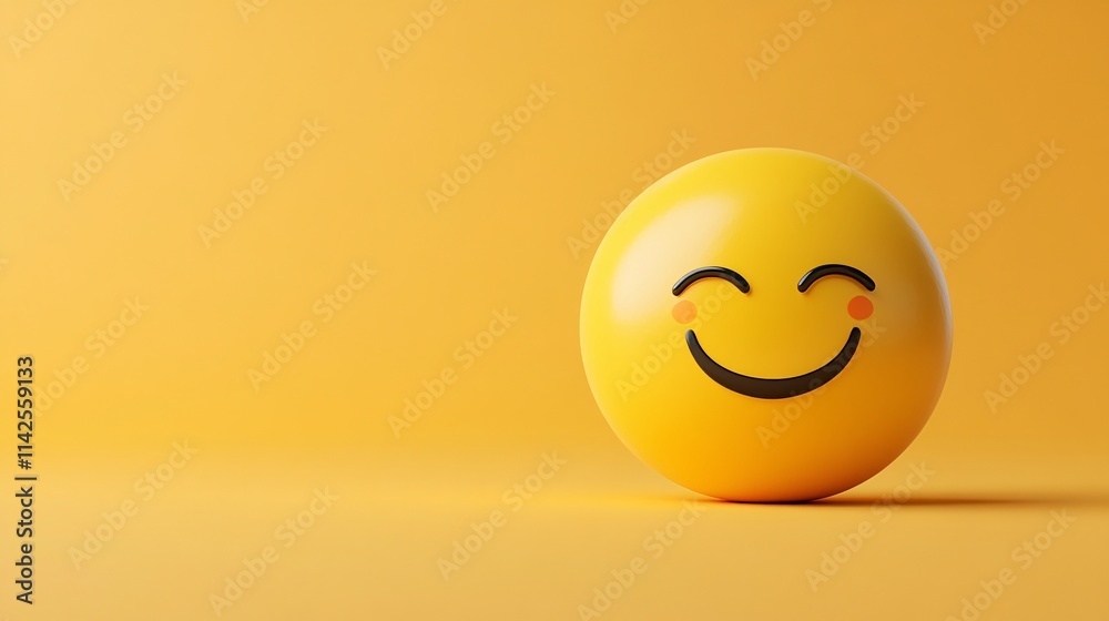 Fototapeta premium Blushing happy emoji expressing joy and positivity on yellow background
