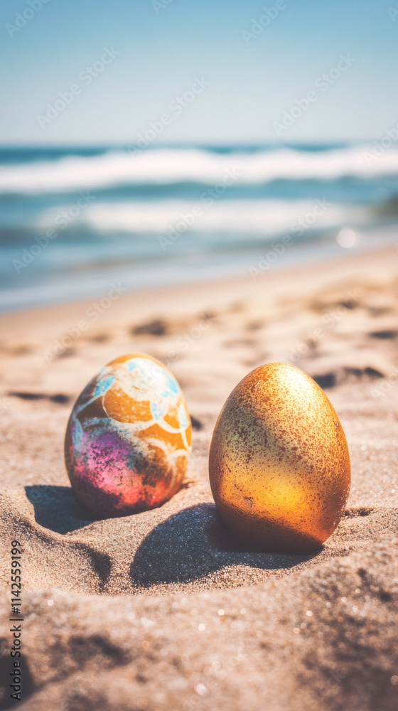 Decorated easter eggs are standing on a sandy beach with the ocean waves gently rolling in the background Decorated easter eggs are standing on a sandy beach with the ocean waves gently rolling in the background
