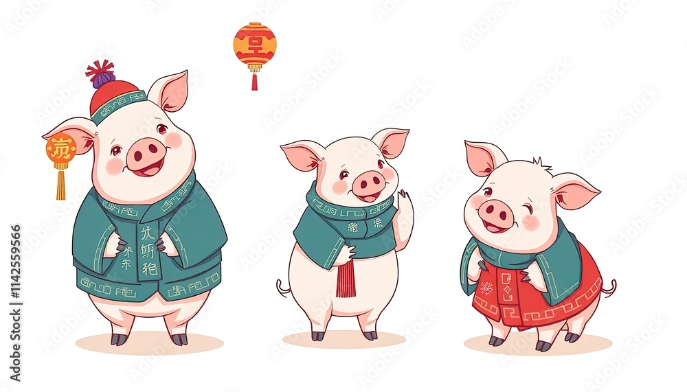 Pig Celebrates Chinese New Year - New Year Card with Pig - Chinese Pig On The Wall - Pig in Cheongsam
