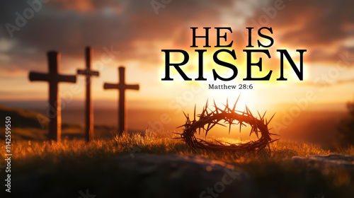 Inspirational Sunrise Scene with Crosses and Crown of Thorns Symbolizing Resurrection Hope