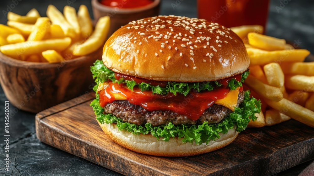 Gourmet Cheeseburger with Fries in Rustic Setting for Food Photography and Menu Design