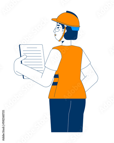 Female construction worker reviewing project document 2D cartoon character. Safety helmet woman supervisor clipboard isolated person flat vector on white background. Spot illustration colorful