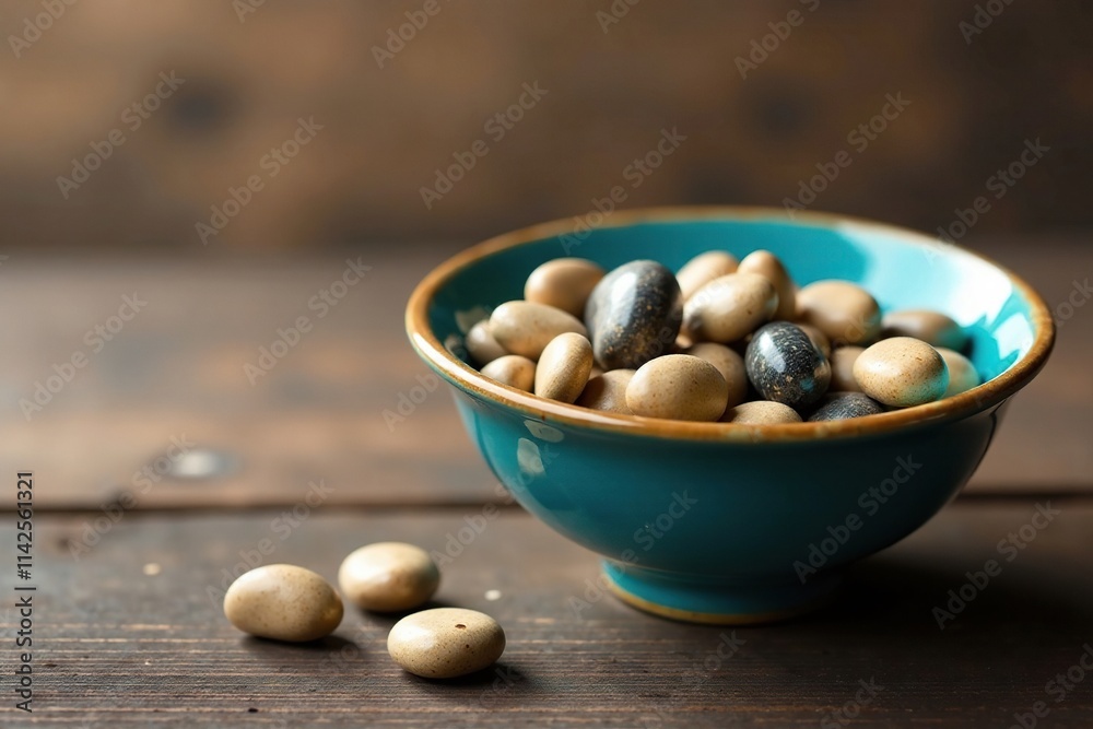 Blue bowl filled with a few small pebbles on a wooden table, earthy, natural Blue bowl filled with a few small pebbles on a wooden table, earthy, natural
