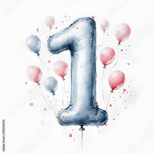 숫자 1 모양 풍선, 수채화, jpeg (a balloon in the shape of a number one, water colour, jpeg)