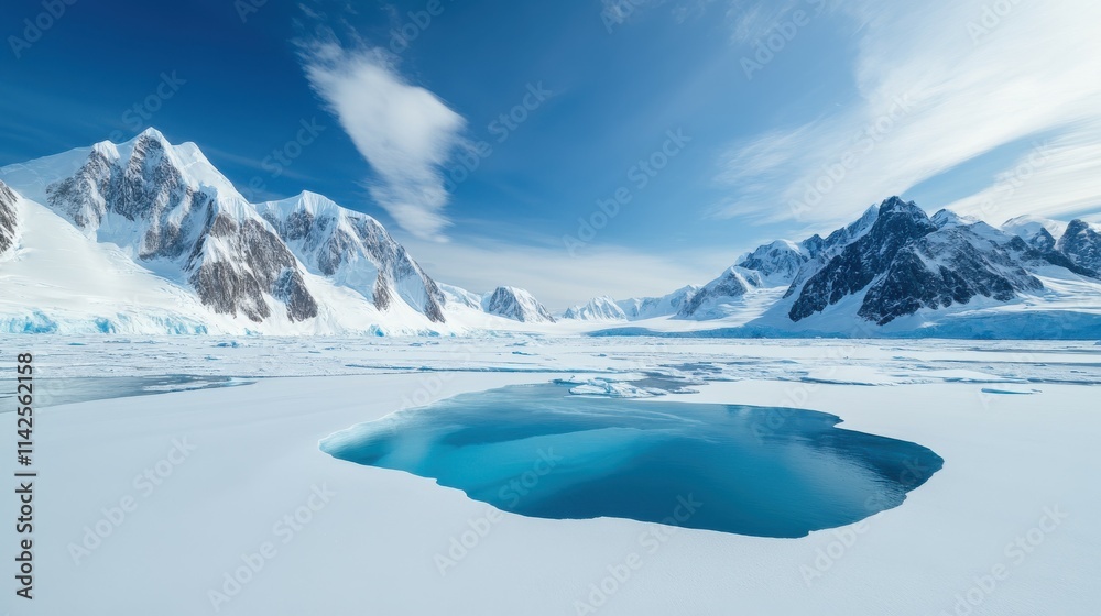 Stunning icy landscape featuring mountains and a blue glacial pool under a clear sky. Stunning icy landscape featuring mountains and a blue glacial pool under a clear sky.