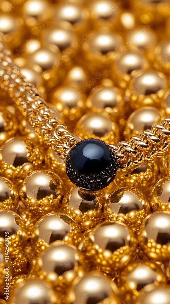 Elegant Close-Up of Golden Beads with Black Accents in Luxurious Setting Elegant Close-Up of Golden Beads with Black Accents in Luxurious Setting