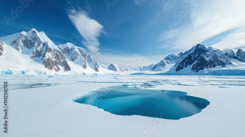 Stunning icy landscape featuring mountains and a blue glacial pool under a clear sky.