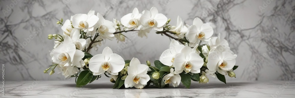 Obraz premium Delicate white orchid wreath on marble background, fashionable, chic, prestigious, event , exclusive